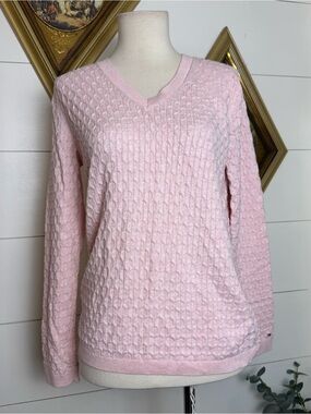 VTG y2k 2000s Tommy Hilfiger Baby Pink Cable Knit V-Neck Sweater Preppy Medium